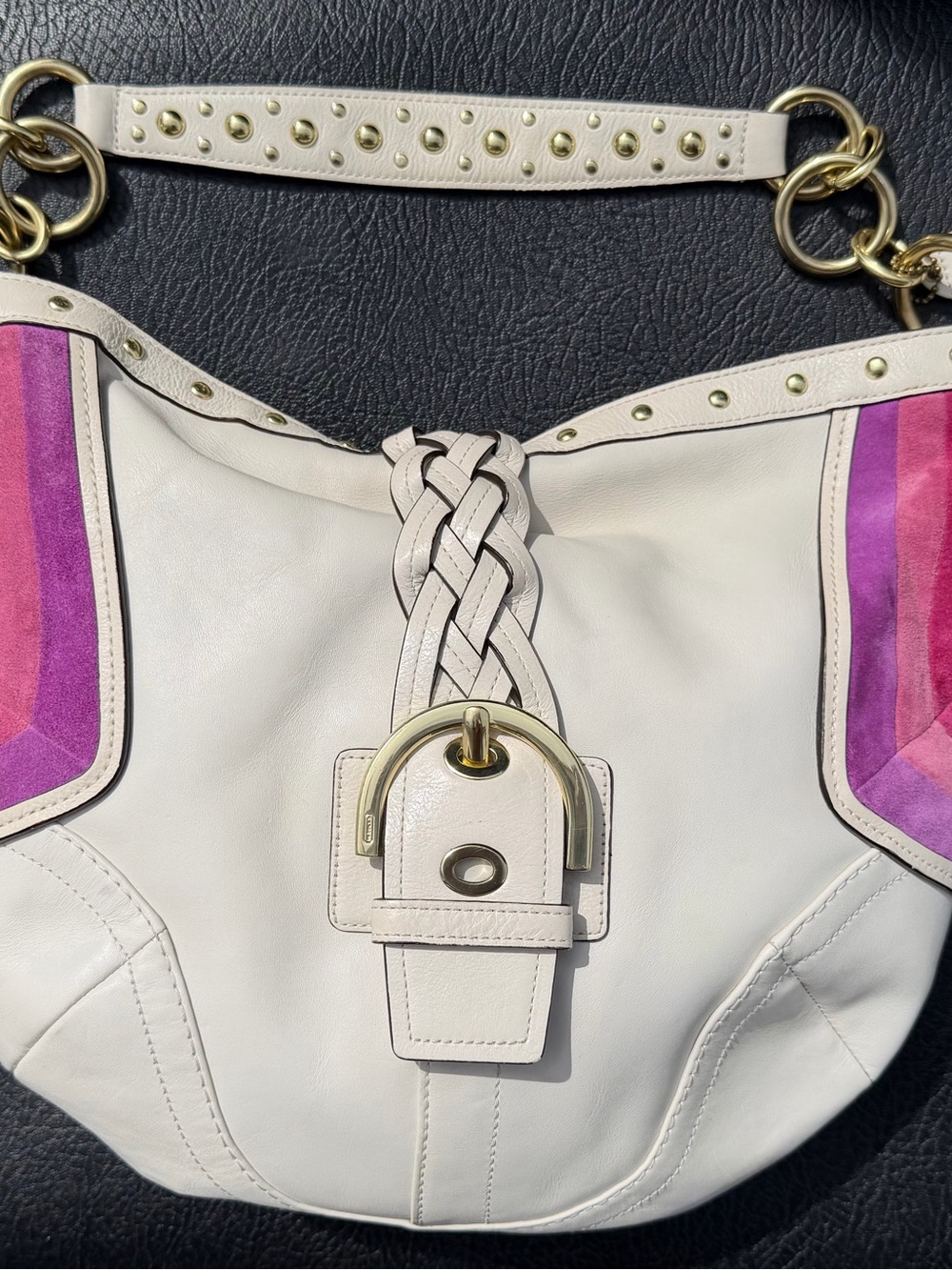 Vintage Y2K Coach Soho Studded Leather Hobo Bag 10658 White Pink Rare